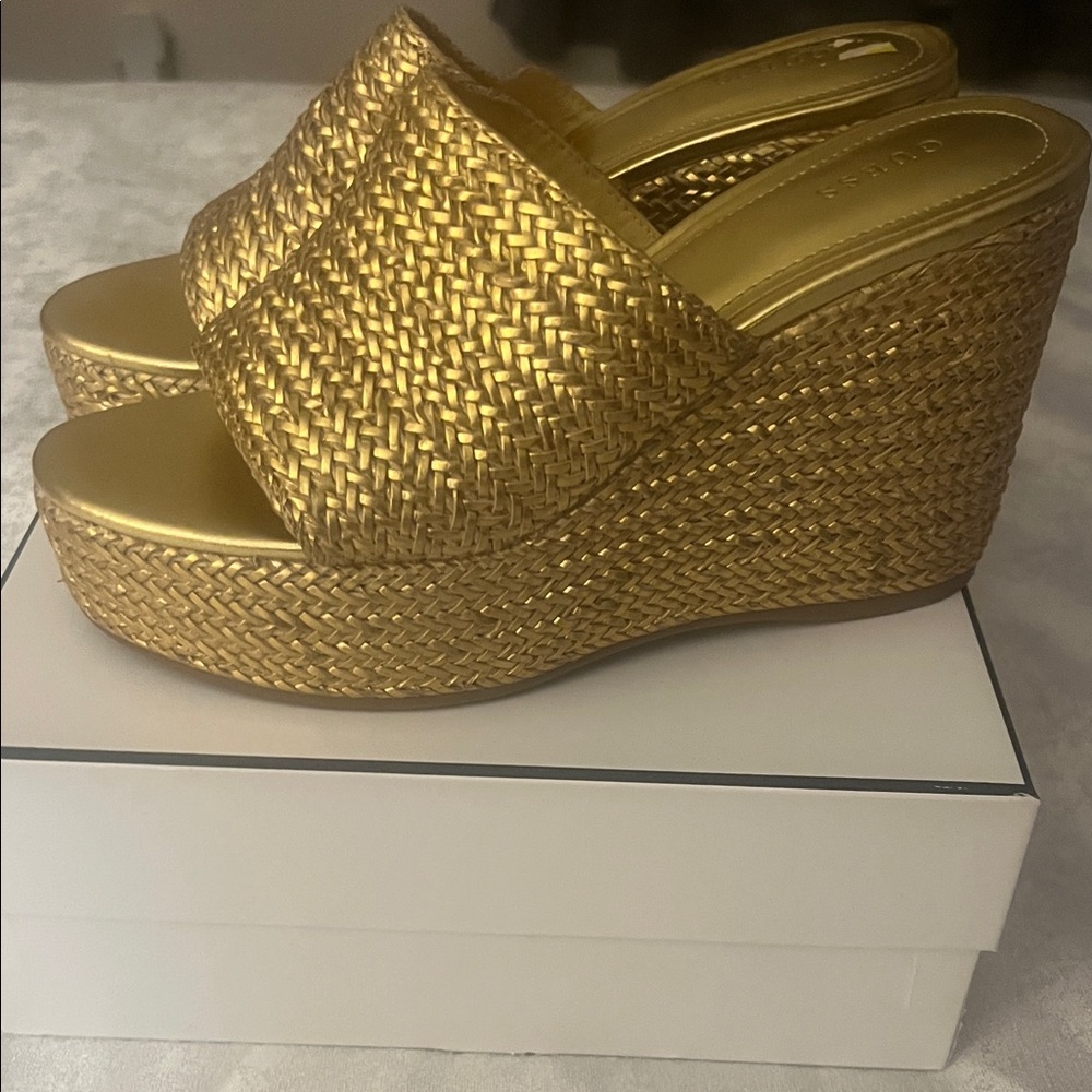 Guess Gold Woven Wedge Sandals